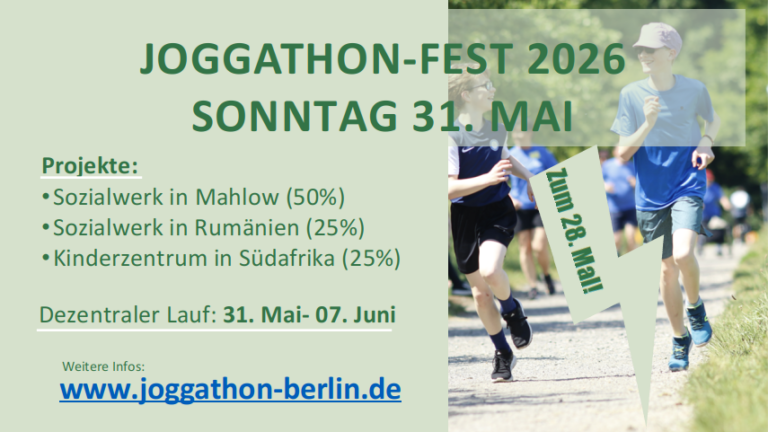 Joggathon: Spendenlauf zur Unterstützung sozialer Projekte am 31. Mai 2026, mit Open-Air-Gottesdienst und Gemeindefest in der Lydia-Gemeinde in Rudow